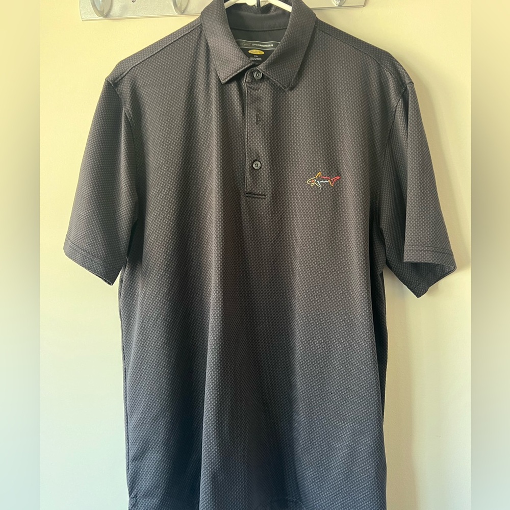 Greg Norman Men's Gray Black Polo Shirt with Shark Logo